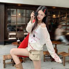 批发美式白色斜肩露肩长袖t恤防晒罩衫女早秋吊带外搭<b class='q'>防晒衫</b>薄纱上衣