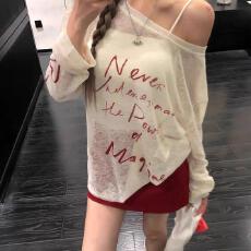 批发美式白色斜肩露肩长袖t恤防晒罩衫女早秋吊带外搭<b class='q'>防晒衫</b>薄纱上衣