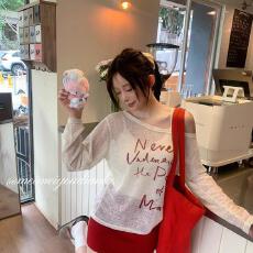 批发美式白色斜肩露肩长袖t恤防晒罩衫女早秋吊带外搭<b class='q'>防晒衫</b>薄纱上衣
