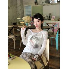 批发原版假两件做法 美式辣妹<b class='q'>防晒</b>罩衫女夏露肩t恤慵懒风白色斜肩上衣