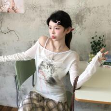 批发原版假两件做法 美式辣妹<b class='q'>防晒</b>罩衫女夏露肩t恤慵懒风白色斜肩上衣