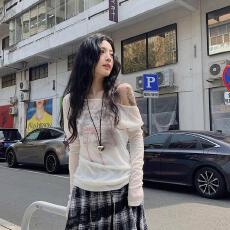 批发原版假两件做法 美式辣妹<b class='q'>防晒</b>罩衫女夏露肩t恤慵懒风白色斜肩上衣