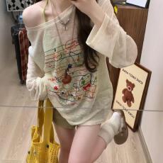 批发原版面料猫咪狗狗印花<b class='q'>长袖</b><b class='q'>T</b><b class='q'>恤</b>女夏季甜辣宽松轻薄微透夏休闲罩衫