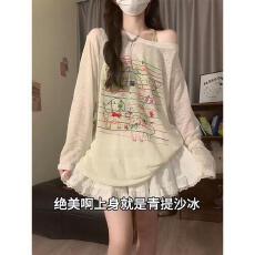 批发原版面料猫咪狗狗印花<b class='q'>长袖</b><b class='q'>T</b><b class='q'>恤</b>女夏季甜辣宽松轻薄微透夏休闲罩衫