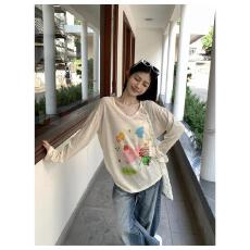 批发广州质量 防晒罩衫女设计感印花慵懒风上衣微透<b class='q'>长袖</b>斜肩防晒罩衫