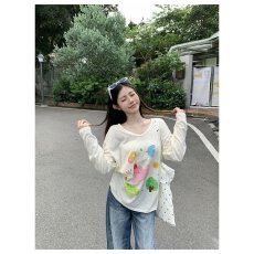 批发广州质量 防晒罩衫女设计感印花慵懒风上衣微透<b class='q'>长袖</b>斜肩防晒罩衫