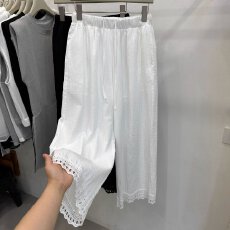 批发特大码300斤韩版松紧腰宽松阔腿直筒<b class='q'>裤</b>女<b class='q'>夏季</b>下摆花边拼接九分<b class='q'>裤</b>