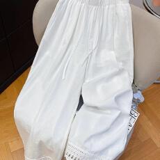 特大码300斤韩版松紧腰宽松阔腿直筒裤女夏季下摆花边拼接九分裤