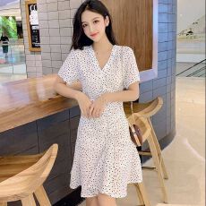 批发夏季2026新款韩版短袖中长款V领女气质收腰显瘦<b class='q'>雪纺</b>波点a字连衣裙
