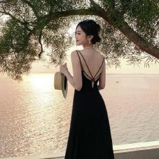 批发原版做法三亚旅游渡假出片海边黑色<b class='q'>沙滩裙</b>露背<b class='q'>长裙</b>吊带裙连衣裙女