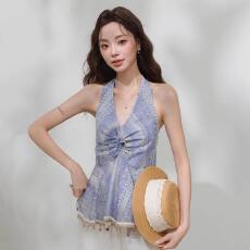 批发2025夏季新款韩系气质重工钉珠扭结V领挂脖<b class='q'>背心</b>收腰显瘦上衣女ins
