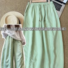 批发广州面料大码300斤薄荷绿<b class='q'>亚麻</b>杨桃裤女抽绳松紧腰显瘦宽松九分裤