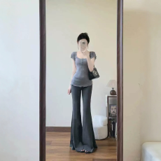 批发套装女夏季新款韩系轻薄修身正肩<b class='q'>短袖</b>T恤高腰休闲裤阔腿裤两件套