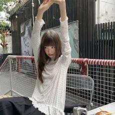 批发【罗纹德绒280克】半高领波点长袖打底衫女<b class='q'>秋</b>季修木耳边T恤上衣