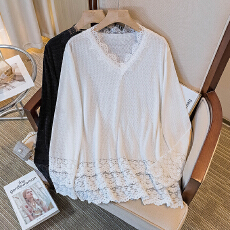 批发实拍大码女装秋冬新款韩版胖MM高级潮流设计蕾丝拼接显瘦修身上衣