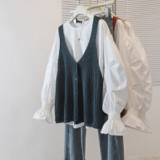 批发实拍大码女装胖MM新韩版高级潮流设计显瘦修身针织衬衫套装