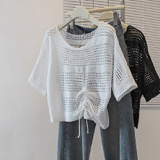 批发实拍大码女装韩版新款设计小众侧抽绳镂空宽松显瘦休闲百搭上衣