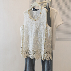 批发实拍大码女装新款提花重工钩花背心宽松休闲蕾丝外搭<b class='q'>开衫</b>上衣