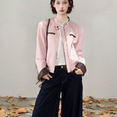 批发美式粉色短款<b class='q'>皮衣</b>外套女秋季高级感小个子酷飒风<b class='q'>机车</b>夹克立领上衣