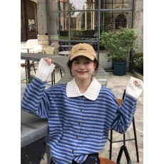 批发小香风蓝白条纹polo领长袖<b class='q'>针织衫</b>女秋冬季慵懒松弛感穿搭外套上衣