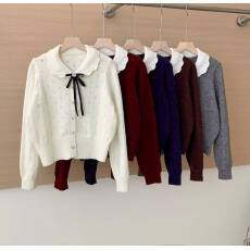 批发<b class='q'>韩版</b>蝴蝶结撞色娃娃领针织开衫女秋冬2025新款学院风甜美减龄上衣