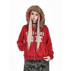 纯棉毛领可拆字母印花毛领短款女新款设计感休闲百搭开衫外套