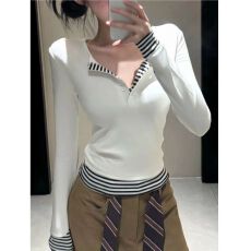随心裁韩系条纹撞色拼接假两件长袖T恤女秋正肩修身纽扣上衣