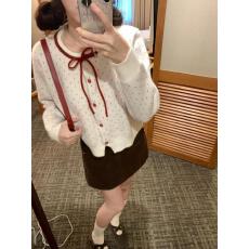 批发韩系蝴蝶结系带撞色针织毛衣<b class='q'>开衫</b>2024秋冬新款甜美短款<b class='q'>镂空</b>上衣