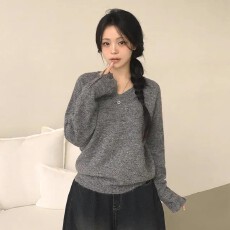 批发韩系2025秋<b class='q'>冬</b>新款时尚简约百搭V领宽松袖口系扣毛针织衫上衣