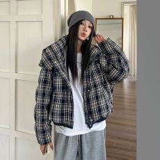 批发2025冬季新款立领格子连帽<b class='q'>短</b>款羽绒棉服女小个子韩系外套