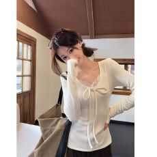 批发【螺纹德绒】白色蕾丝V领内搭<b class='q'>打底衫</b>t恤秋冬设计感修身<b class='q'>长袖</b>上衣女