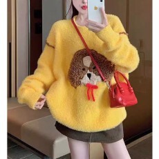 黄色仿水貂绒提花小狗毛衣女秋冬软糯慵懒风加绒加厚内搭针织上衣