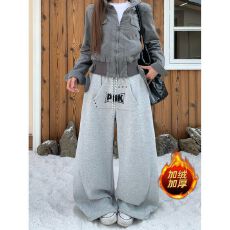 批发纯棉复<b class='q'>贝贝</b>绒美式字母冬季新款加绒卫裤女阔腿休闲裤长裤