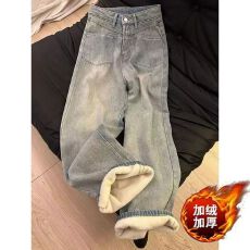 2025秋冬加绒加厚美式复古牛仔裤女高腰设计感直筒宽松阔腿拖地裤