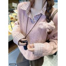 减龄韩系粉色假两件毛衣女秋冬polo领衬衫拼接内搭针织衫上衣