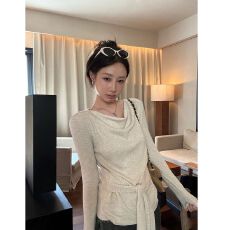 时尚荡领绑带收腰针织衫女秋季气质打底衫百搭显瘦上衣