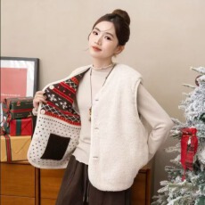 批发韩国时尚气质<b class='q'>甜美</b>秋冬重工费尔岛提花双面穿卷毛马甲女上衣