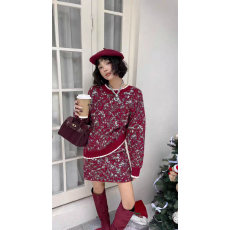 批发水墨印花时尚绵羊绒针织套装裙圆领毛衣半身<b class='q'>短裙</b>两件套