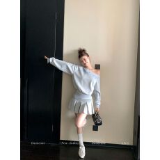 批发慵懒斜肩领宽松<b class='q'>韩版</b>短款字母卫衣半身裙<b class='q'>套装</b>