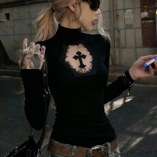 批发德绒~美式复古镂空十字架高领长袖<b class='q'>T</b><b class='q'>恤</b>新款修身显瘦<b class='q'>个性</b>辣妹上衣