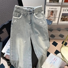 蕾丝花边蝴蝶结浅蓝色牛仔裤女秋冬2025新款宽松直筒拖地阔腿裤子