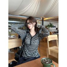 批发原版做法 仿棉色织条韩版设计感小众条纹连帽长袖T恤女秋季打底衫