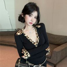 批发韩版春季时尚设计感豹纹拼接polo领深VT恤修身百搭<b class='q'>上衣</b>潮