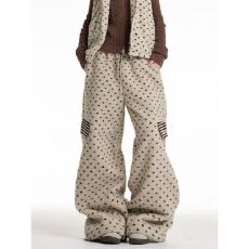 批发原版布料冬季羊羔毛棉裤<b class='q'>女</b>条纹五角星贴布绣宽松保暖毛绒阔腿<b class='q'>裤</b>