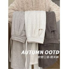 批发杏色阔腿裤子女春秋2025新款高腰直筒运动休闲秋冬加绒垂感糯米裤