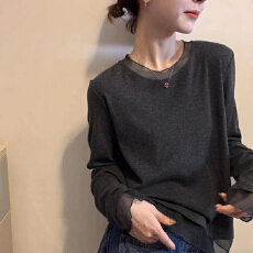 批发加绒蕾丝圆领拼纱打底衫女春秋<b class='q'>冬</b>内搭德绒磨毛长袖T恤