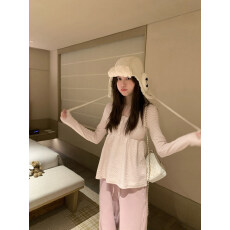 精棉条纹韩版春季条纹花边针织长袖上衣女圆领娃娃衫内搭