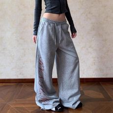 批发原版做法烫钻美式复古字母烫钻运动女爵士舞宽松直筒阔腿长裤