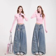 批发原版质量新款松弛感百搭撞色卫裤女慵懒风宽松<b class='q'>松紧腰</b>阔腿裤