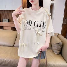 批发重工蝴蝶结短袖t恤女小众夏别致绝美中长款蕾丝边<b class='q'>上衣</b>